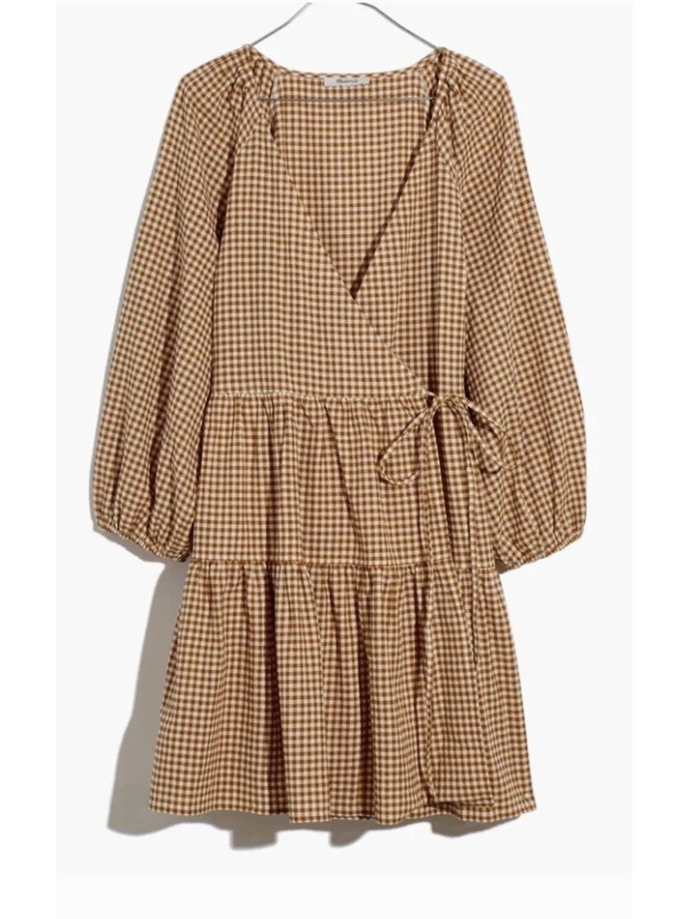 MADEWELL Gingham Puff-Sleeve Wrap Dress Golden Pecan XXS Prairie Cottagecore